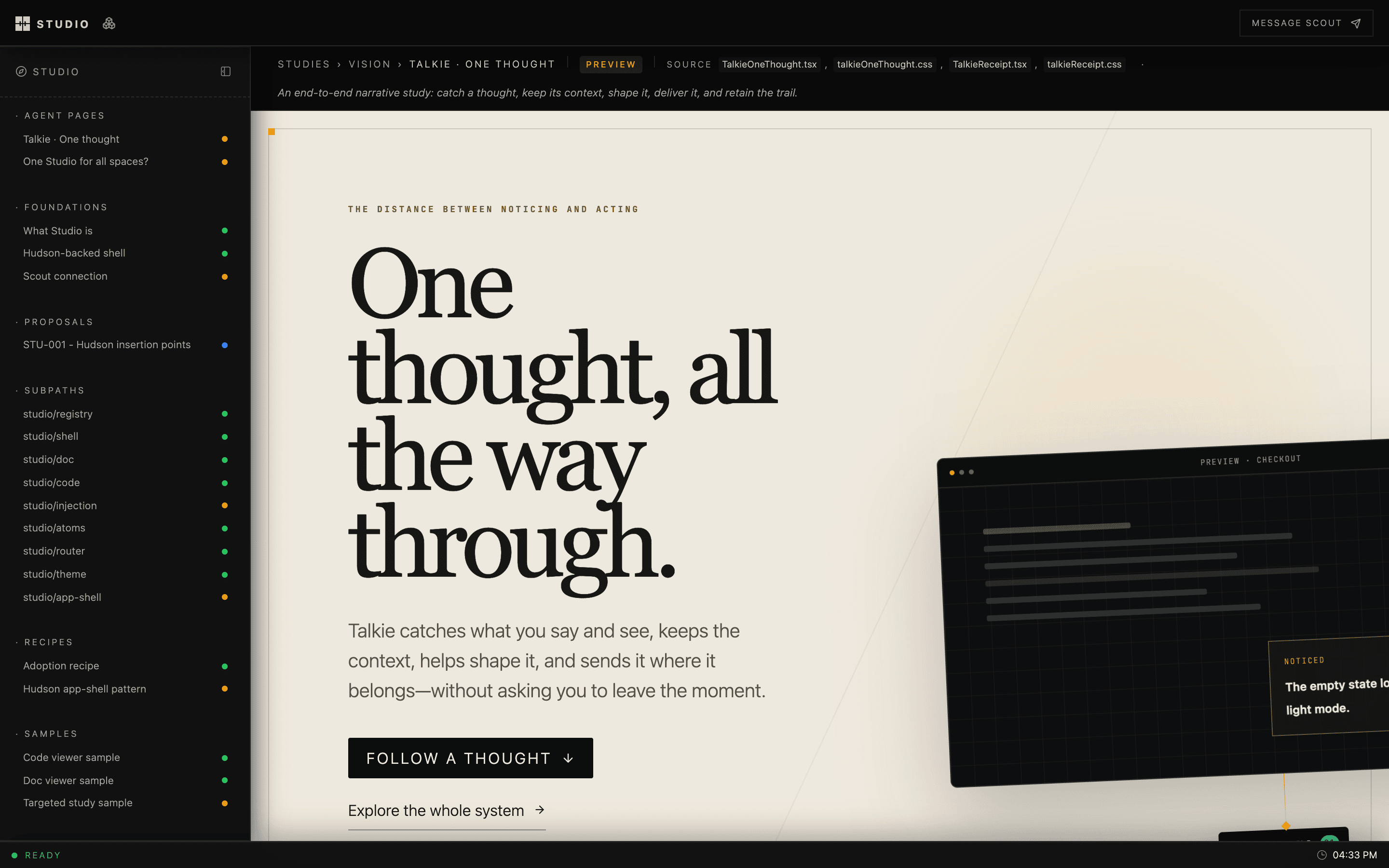 A Studio study: the Talkie “One thought” narrative, framed by the Studio sidebar and page strip